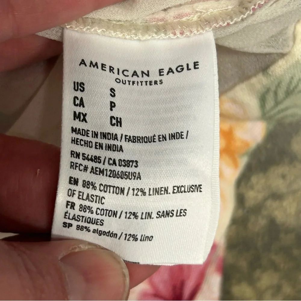 American Eagle Women’s Small CottonLinen Ruched Smocked Puff Sleeve Floral Dress